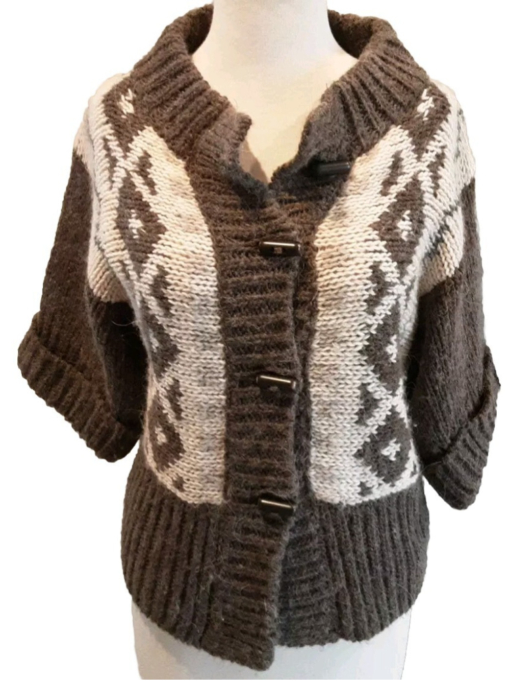 ELSAMANDA Anthropologie Cardigan Sweater Fair Isle Soft Wool Toggle Italy Sz S
